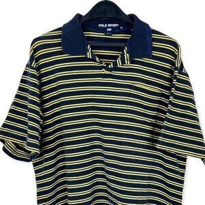 Vintage 90s Polo Sport Mens XXL Made in USA Striped Polo Shirt Navy Yellow *read
